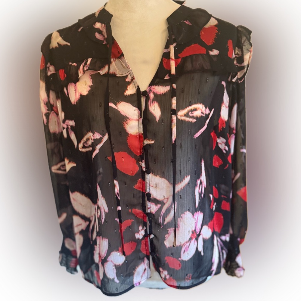 Sanctuary Sheer Floral Blouse Black Red Pink Ruffle Tie Neck Women’s Top Size S